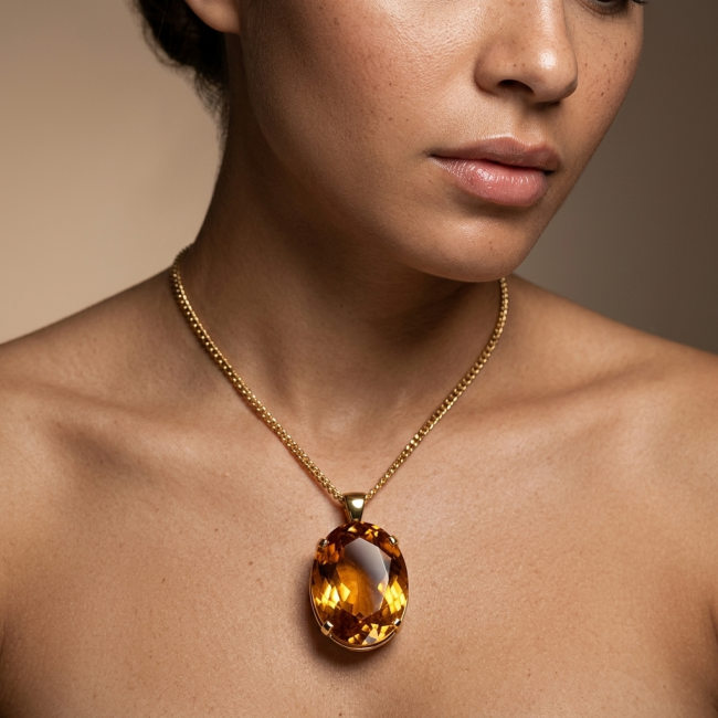 Luxury genuine 39.7 CARAT oval cut Champagne Topaz .925 Sterling Silver dipped in 22K Gold handmade Pendant