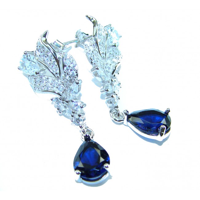 Giovanna - Authentic pear cut 3.9 carat Sapphire .925 Sterling Silver handcrafted earrings - Elegant sapphire earrings, front view, with intricate sterling design