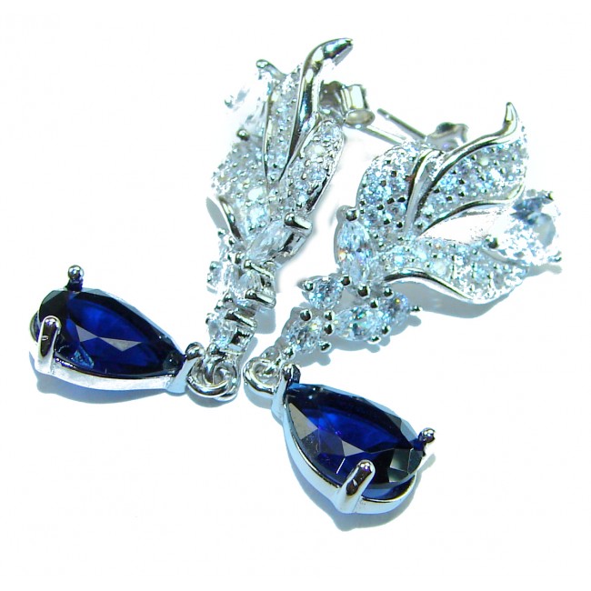 Giovanna - Authentic pear cut 3.9 carat Sapphire .925 Sterling Silver handcrafted earrings - Close-up of Giovanna sapphire earrings with sterling silver detail