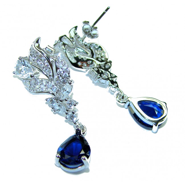 Giovanna - Authentic pear cut 3.9 carat Sapphire .925 Sterling Silver handcrafted earrings - Giovanna earrings close-up, pear cut Sapphire, intricate detailing.