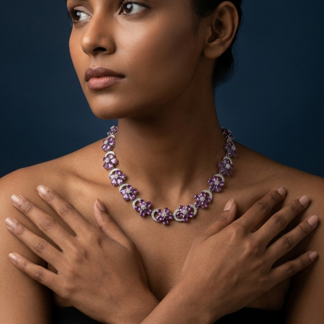 Precious Spring Flowers genuine 179.5 carat Amethyst rhodium over .925 Sterling Silver handcrafted Necklace