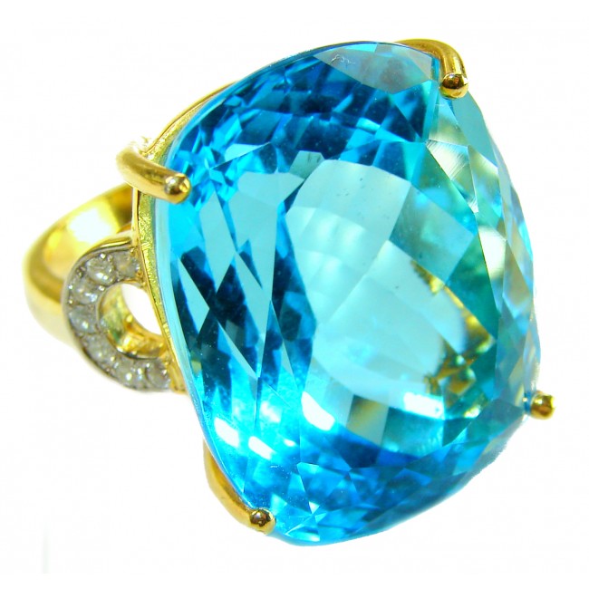 Pacifica - Authentic 45.8 carat Swiss Blue Topaz 22K Gold over .925 Sterling Silver handcrafted Large Statement ring size 7