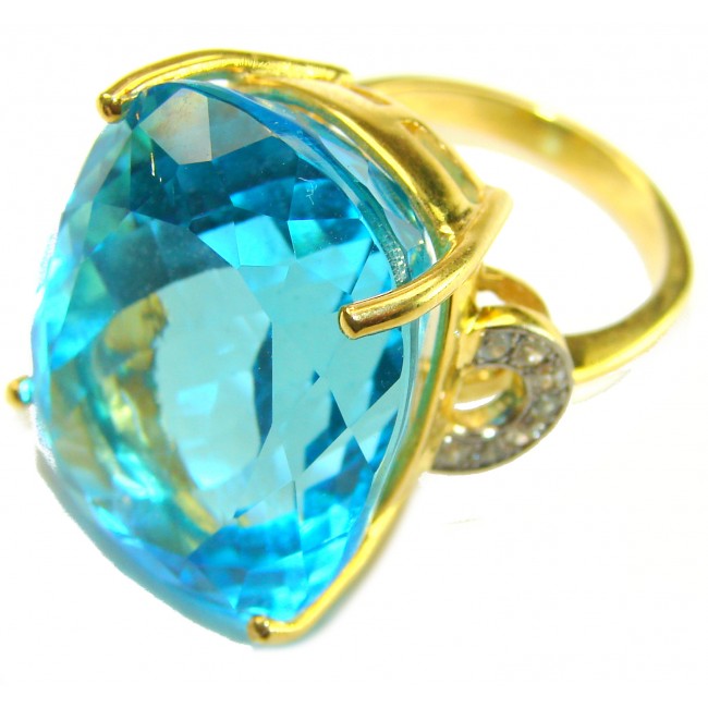 Pacifica - Authentic 45.8 carat Swiss Blue Topaz 22K Gold over .925 Sterling Silver handcrafted Large Statement ring size 7