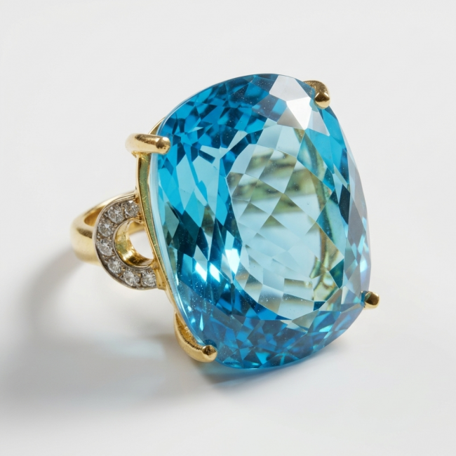 Pacifica - Authentic 45.8 carat Swiss Blue Topaz 22K Gold over .925 Sterling Silver handcrafted Large Statement ring size 7