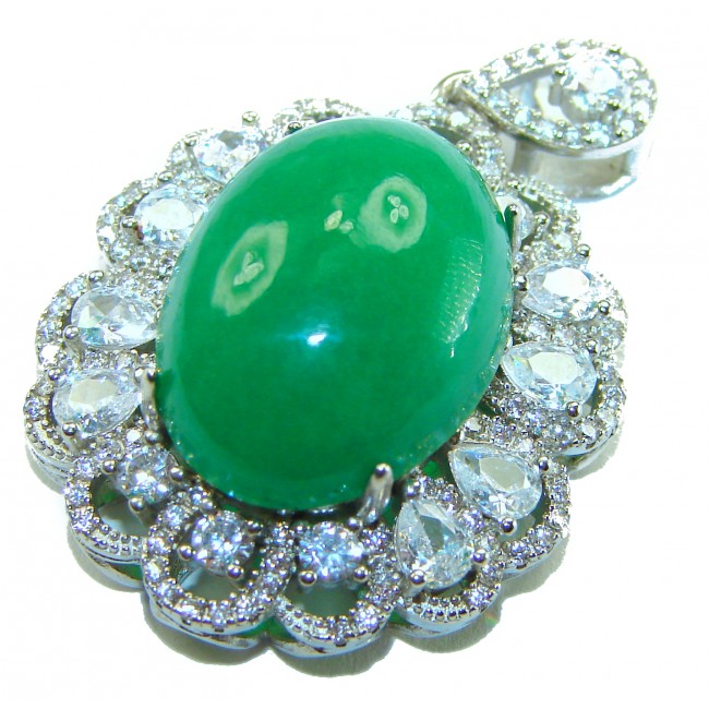 Good Fortune Very Unique 12.5 CARAT Green Jade Rhodium over .925 Sterling Silver handcrafted pendant
