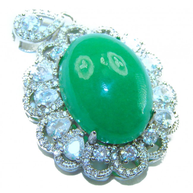 Good Fortune Very Unique 12.5 CARAT Green Jade Rhodium over .925 Sterling Silver handcrafted pendant