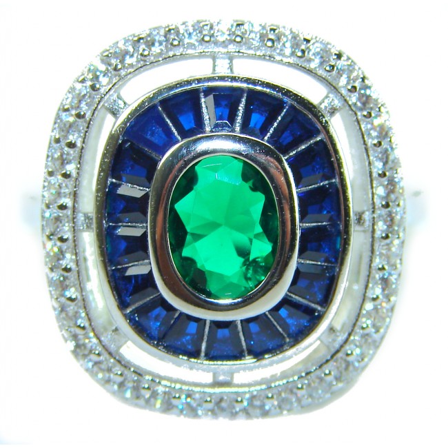 Art Deco 6.5 ctw Sapphire Emerald .925 Sterling Silver handcrafted Statement Ring size 9 1/4