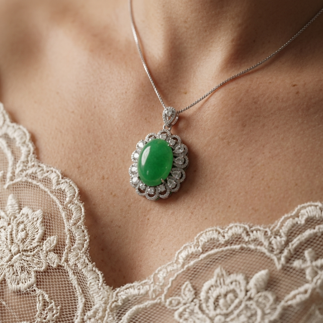 Good Fortune Very Unique 12.5 CARAT Green Jade Rhodium over .925 Sterling Silver handcrafted pendant