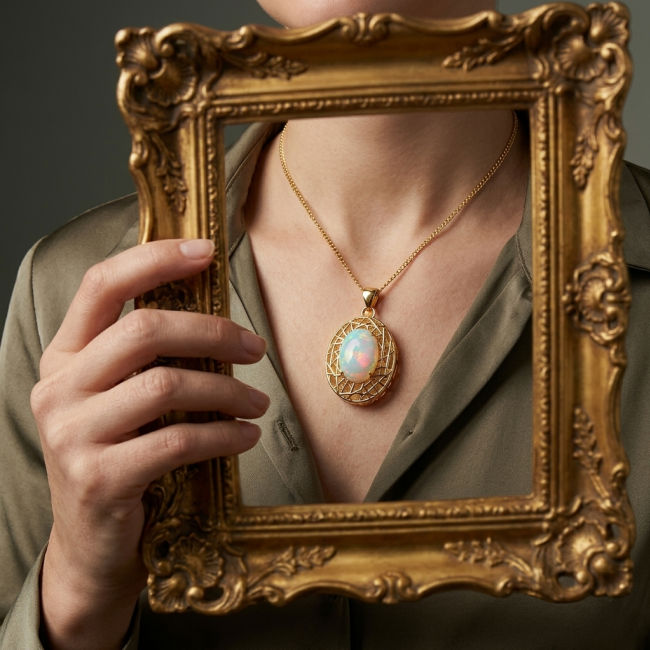 Earth Treasure Authentic 16.8 carat Golden Ethiopian Opal 22K Gold over .925 Sterling Silver handcrafted Statament Necklace