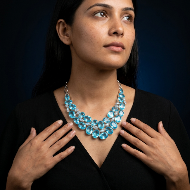 Blue Extravaganza 235.5 carat authentic Swiss Blue Topaz .925 Sterling Silver handcrafted necklace