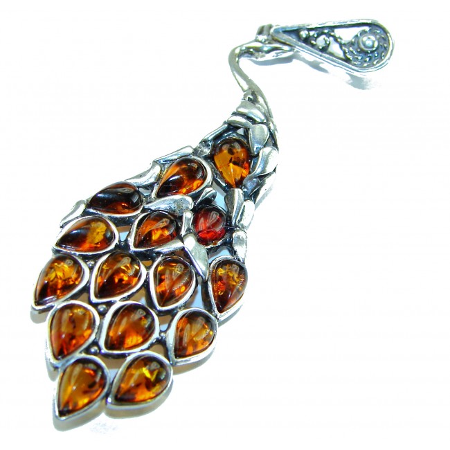 2 3/4 inches! Peacock Prehistoric Authentic Baltic Amber .925 Sterling Silver beautifully handcrafted Pendant - photo 2