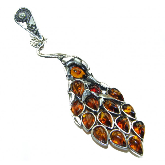 2 3/4 inches! Peacock Prehistoric Authentic Baltic Amber .925 Sterling Silver beautifully handcrafted Pendant - photo 1