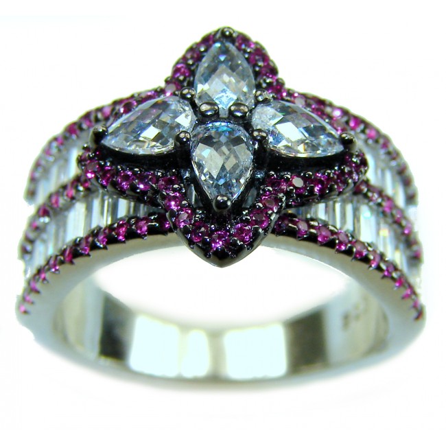 Art Deco Carmen Natural 11.4 carat Ruby .925 Sterling Silver Statement Ring size 7 - Front view of Art Deco Carmen ring with rubies and clear stones.