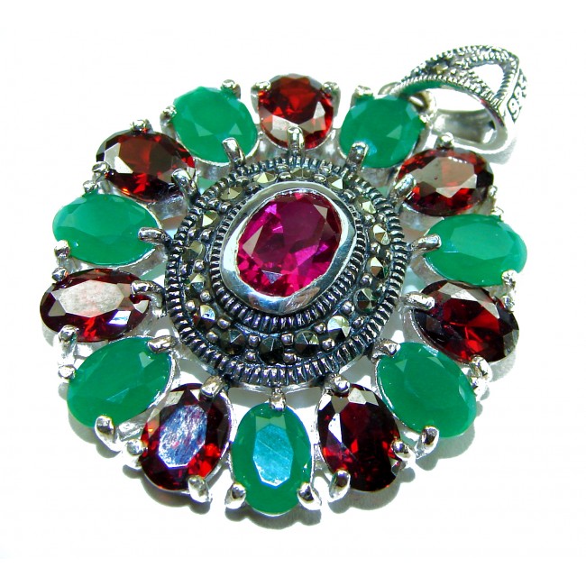 Giovanna 22.2 carat authentic Ruby Emerald Marcasite .925 Sterling Silver handmade Pendant - Close-up of Giovanna ruby, emerald, marcasite pendant.