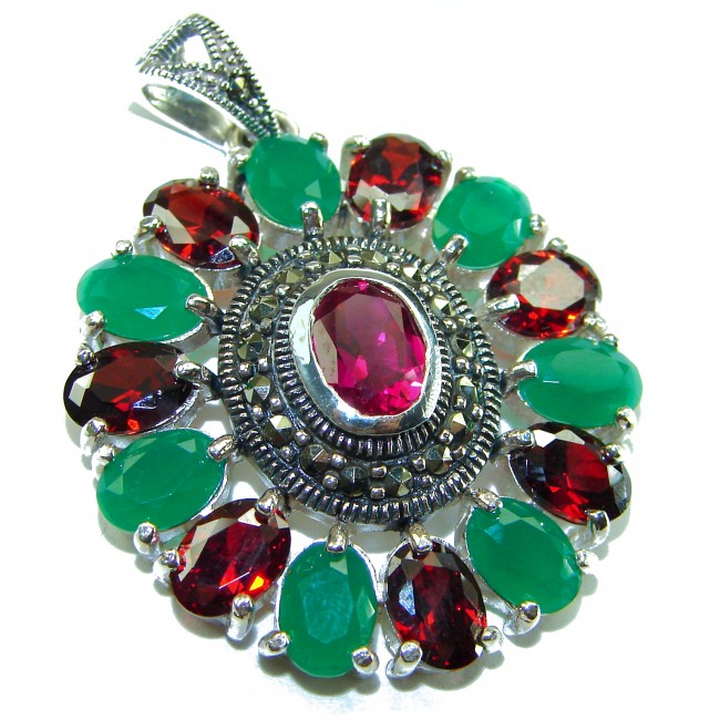 Giovanna 22.2 carat authentic Ruby Emerald Marcasite .925 Sterling Silver handmade Pendant - Close-up of a vibrant ruby, emerald, and marcasite pendant.