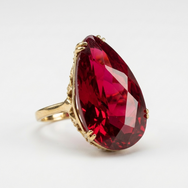 Carmen Natural 28.4 carat Ruby .925 Sterling Silver dipped in 22K Gold handmade Large Statement Ring size 7 - Side view of Carmen 28.4 carat ruby ring in sterling silver.