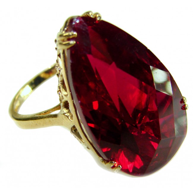 Carmen Natural 28.4 carat Ruby .925 Sterling Silver dipped in 22K Gold handmade Large Statement Ring size 7 - Close-up of Carmen 28.4 carat ruby in gold setting, side view