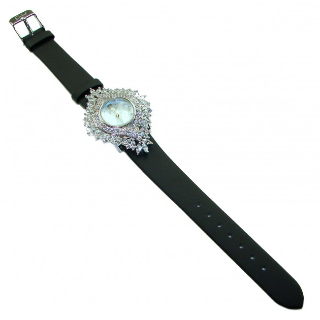 Precious 22.5 carat Authentic White Topaz Genuine Leather strap .925 Sterling Silver handmade Watch