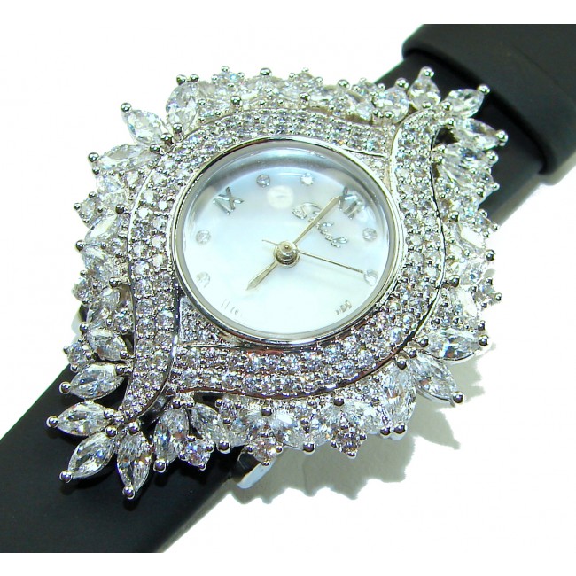 Precious 22.5 carat Authentic White Topaz Genuine Leather strap .925 Sterling Silver handmade Watch