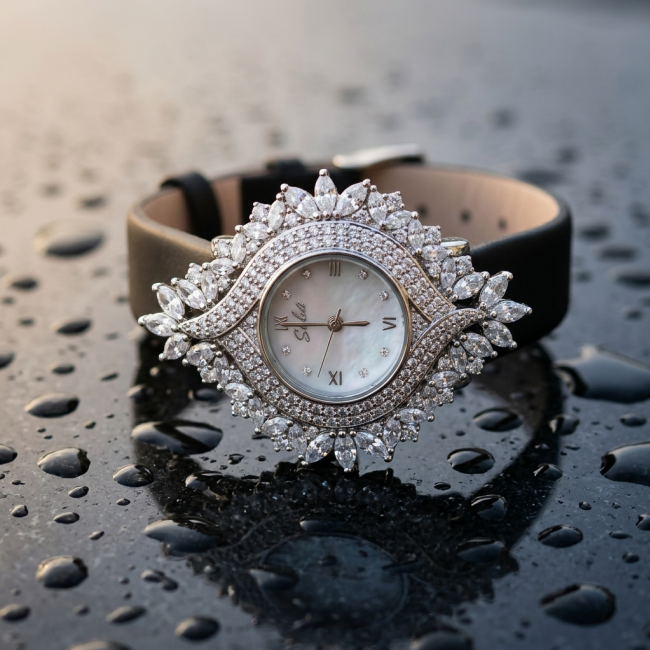 Precious 22.5 carat Authentic White Topaz Genuine Leather strap .925 Sterling Silver handmade Watch