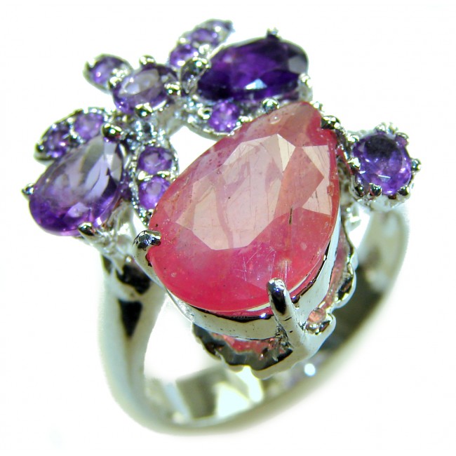 Bella Mia Genuine 10.5 CARAT Mozambique Ruby .925 Sterling Silver Large Statement Ring size 9 - Close-up of Bella Mia Mozambique ruby and amethyst ring in sterling silver.