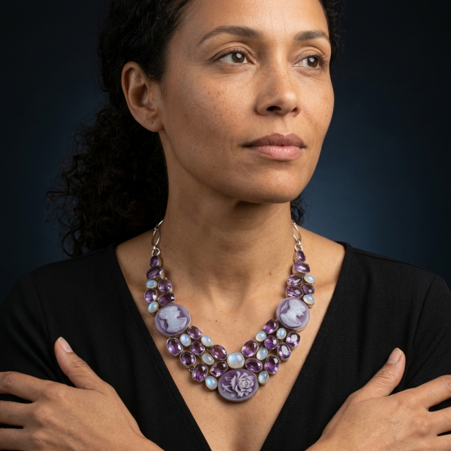 Vintage Beauty Purple Cameo 48.2 carat Amethyst .925 Sterling Silver handcrafted Necklace