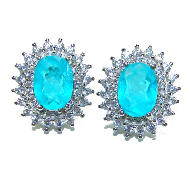 Royalty oval cut 4.2 carat Paraiba Tourmaline .925 Sterling Silver entirely handmade earrings