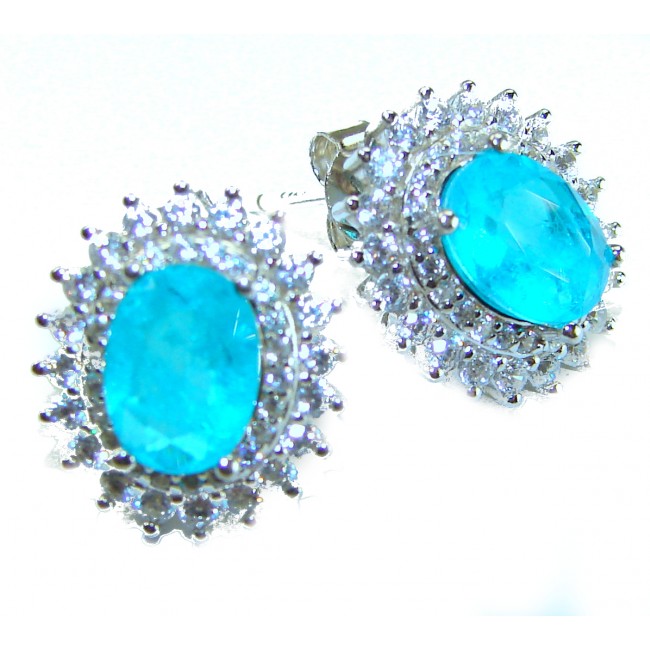 Royalty oval cut 4.2 carat Paraiba Tourmaline .925 Sterling Silver entirely handmade earrings
