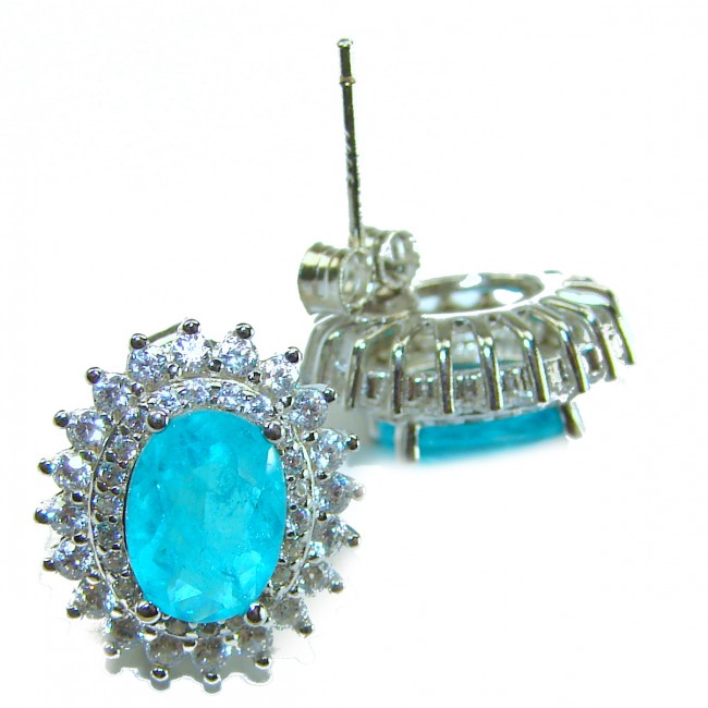 Royalty oval cut 4.2 carat Paraiba Tourmaline .925 Sterling Silver entirely handmade earrings