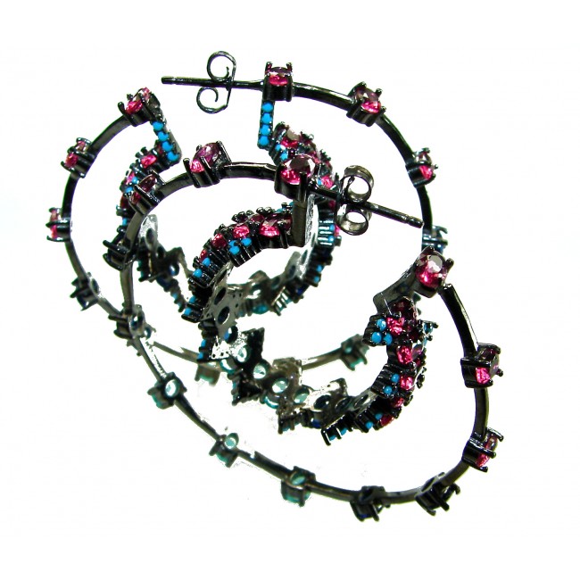 Extravaganza authentic 18.5 carat Pink Tourmaline black rhodium over .925 Sterling Silver Handcrafted Large Hoop Earrings