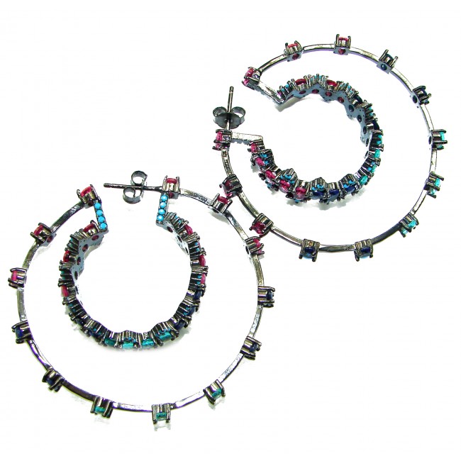 Extravaganza authentic 18.5 carat Pink Tourmaline black rhodium over .925 Sterling Silver Handcrafted Large Hoop Earrings