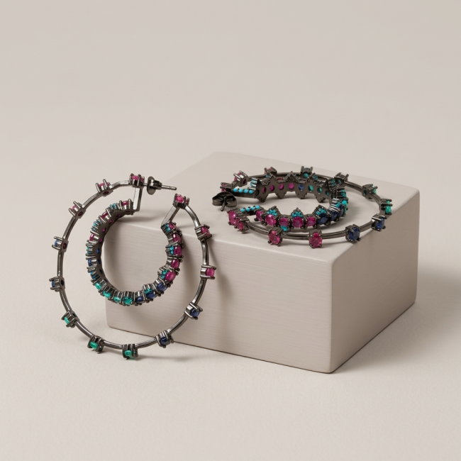 Extravaganza authentic 18.5 carat Pink Tourmaline black rhodium over .925 Sterling Silver Handcrafted Large Hoop Earrings