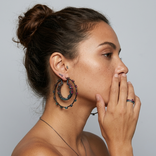 Extravaganza authentic 18.5 carat Pink Tourmaline black rhodium over .925 Sterling Silver Handcrafted Large Hoop Earrings