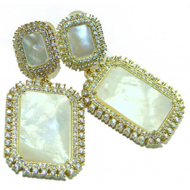 Genuine Blister Pearl lab grown Diamond 18K Gold over .925 Sterling Silver handcrafted Large Statement Earrings - photo 4