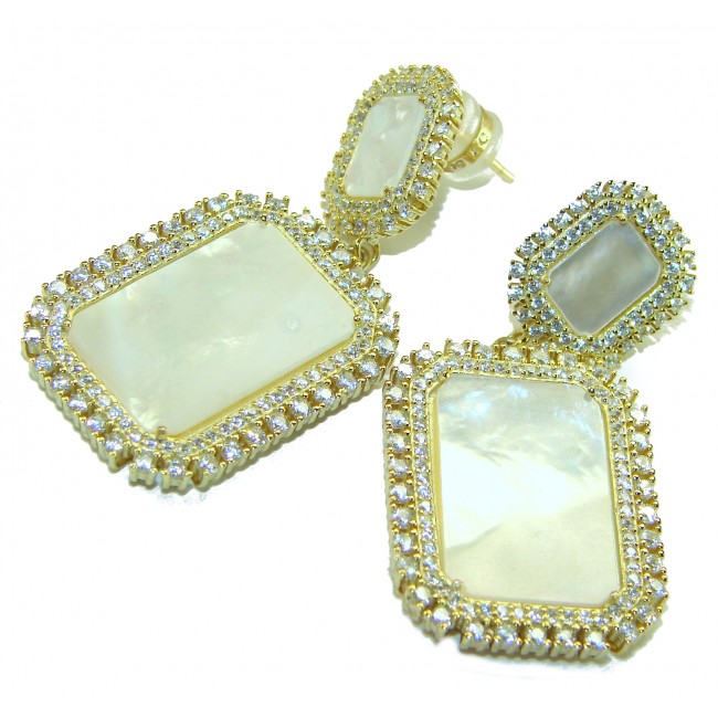 Genuine Blister Pearl lab grown Diamond 18K Gold over .925 Sterling Silver handcrafted Large Statement Earrings - photo 3