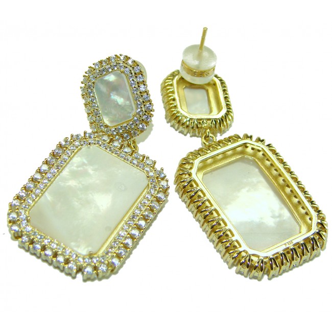 Genuine Blister Pearl lab grown Diamond 18K Gold over .925 Sterling Silver handcrafted Large Statement Earrings - photo 2