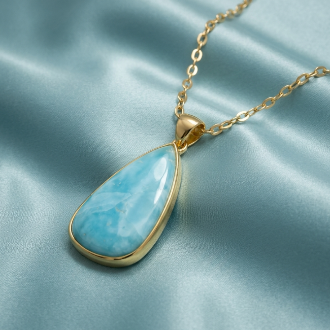Best quality 58.5 carat Authentic Caribbean Larimar 22K Gold over .925 Sterling Silver handmade pendant