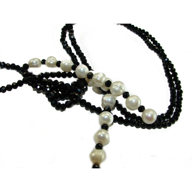 RETRO STYLE Authentic Onyx Mother of Pearl .925 Sterling Silver handcrafted necklace 44 inches