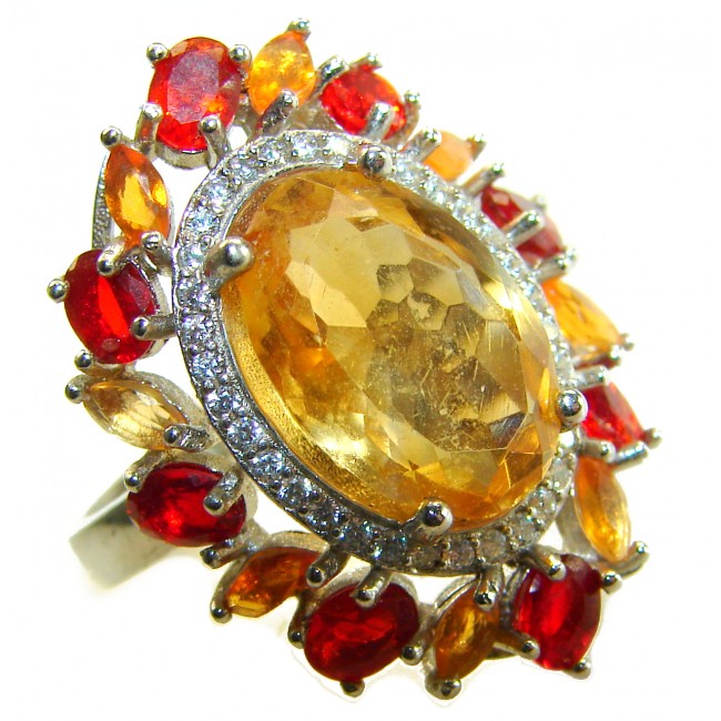 Vivien - Natural 10.8 carat Citrine Garnet .925 Sterling Silver dipped in rhodium handmade Statement Ring size 7