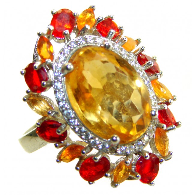 Vivien - Natural 10.8 carat Citrine Garnet .925 Sterling Silver dipped in rhodium handmade Statement Ring size 7