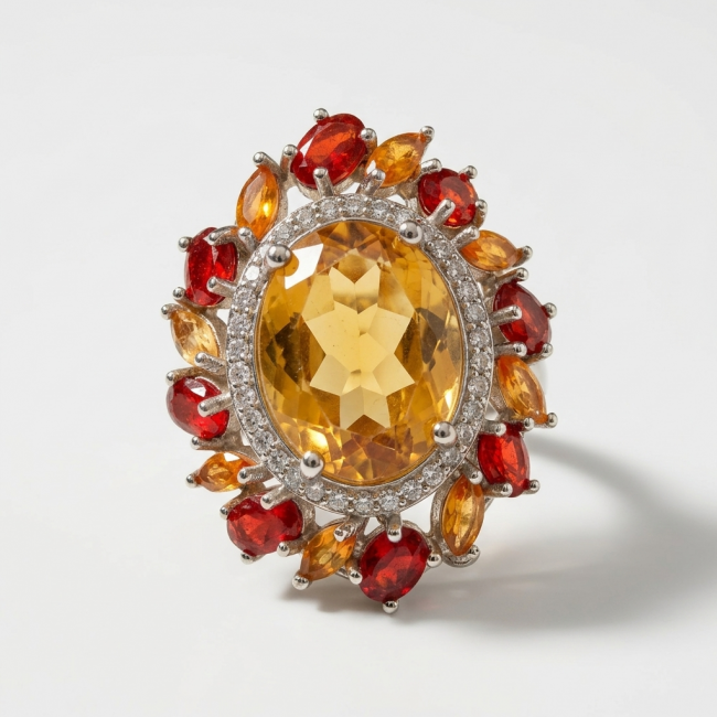 Vivien - Natural 10.8 carat Citrine Garnet .925 Sterling Silver dipped in rhodium handmade Statement Ring size 7