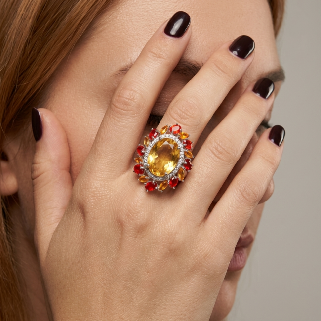 Vivien - Natural 10.8 carat Citrine Garnet .925 Sterling Silver dipped in rhodium handmade Statement Ring size 7