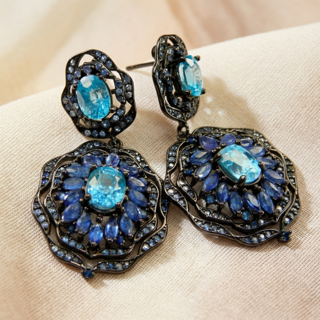 Atlantica 4.7 carat Swiss Blue Topaz .925 Sterling Silver dipped in black rhodium Handcrafted Statement earrings