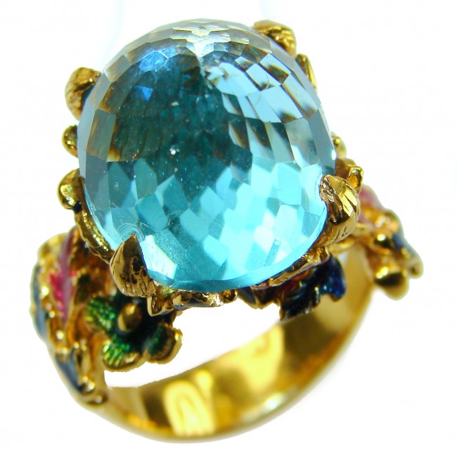 Pacifica - Authentic Fancy Rose cut 44.5 carat Swiss Blue Topaz Enamel 22K Gold over .925 Sterling Silver handcrafted Large Statement ring size 7 1/4
