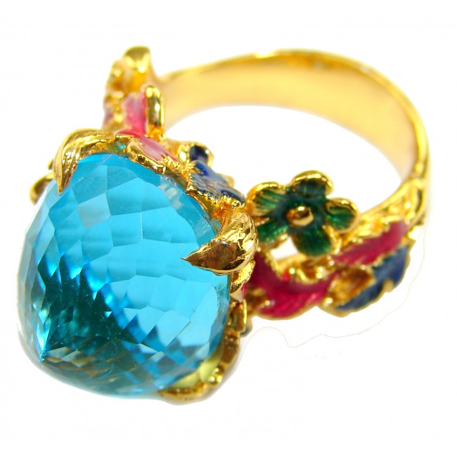 Pacifica - Authentic Fancy Rose cut 44.5 carat Swiss Blue Topaz Enamel 22K Gold over .925 Sterling Silver handcrafted Large Statement ring size 7 1/4