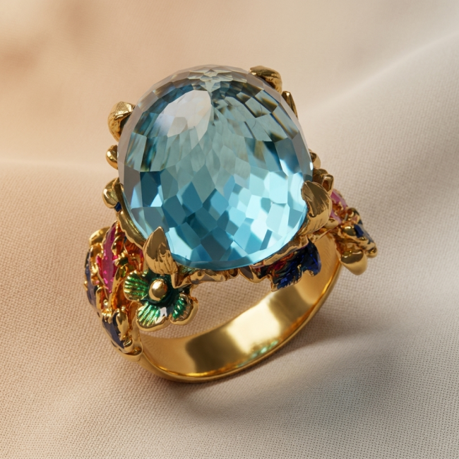 Pacifica - Authentic Fancy Rose cut 44.5 carat Swiss Blue Topaz Enamel 22K Gold over .925 Sterling Silver handcrafted Large Statement ring size 7 1/4