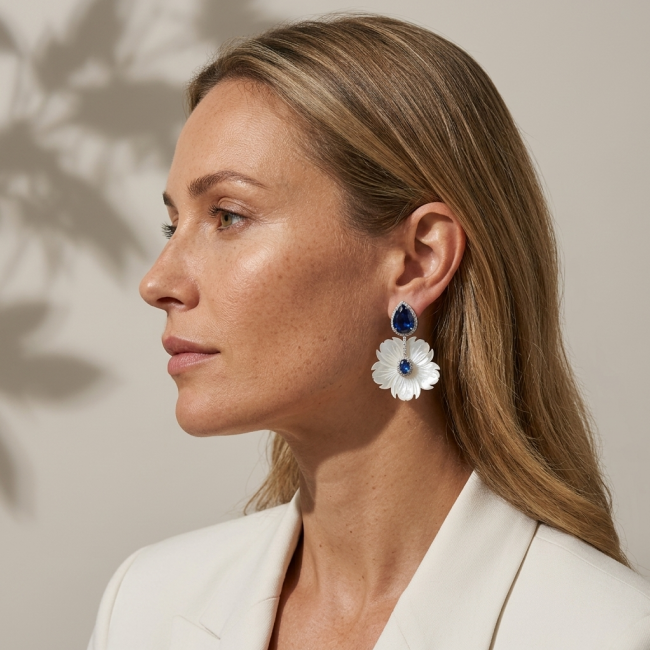 Summer Flowers Blister Pearl Blue Topaz 14K Gold over .925 Sterling Silver handcrafted Earrings - photo 1