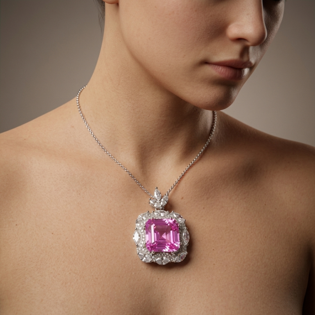 Vintage style boquette cut 12.8 carat Pink Sapphire .925 Sterling Silver DIPPED IN RHODIUM handmade Pendant