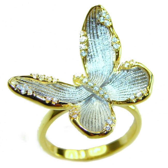 Golden Butterfly White Topaz highly polished 18K Gold over .925 Sterling Silver Italy made ring s. 7 1/4