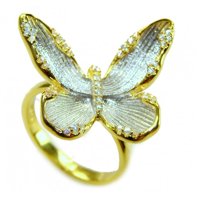 Golden Butterfly White Topaz highly polished 18K Gold over .925 Sterling Silver Italy made ring s. 7 1/4
